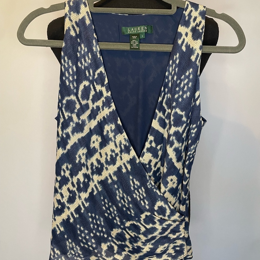 Y2K Lauren By Ralph Lauren Blue Abstract print Silk Linen Sleeveless Blouse US 2